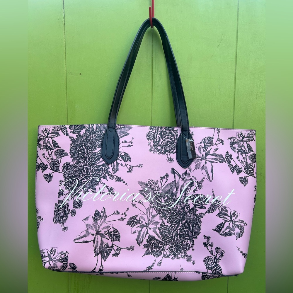 VICTORIA’S SECRET Pink Floral Large Tote with Black Handles and Script Logo NWT